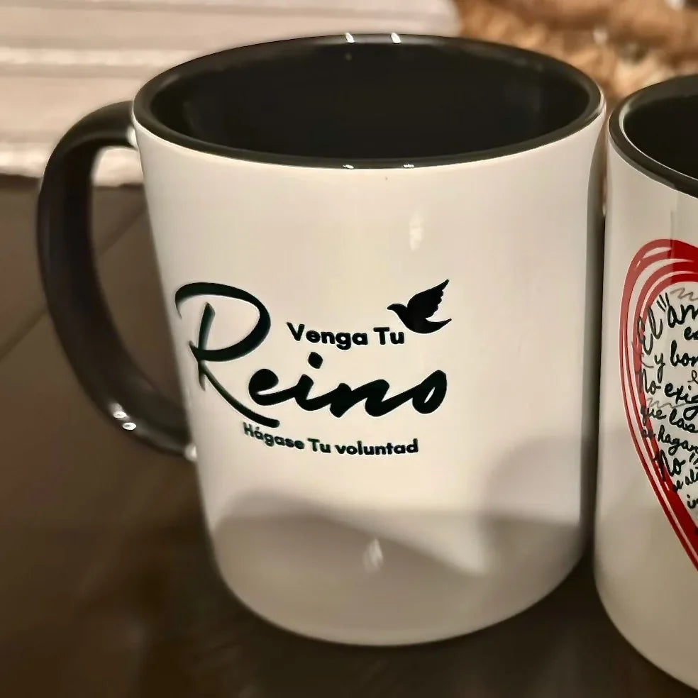 White ceramic Christian mug with Spanish text 'Venga Tu Reino' and a dove graphic