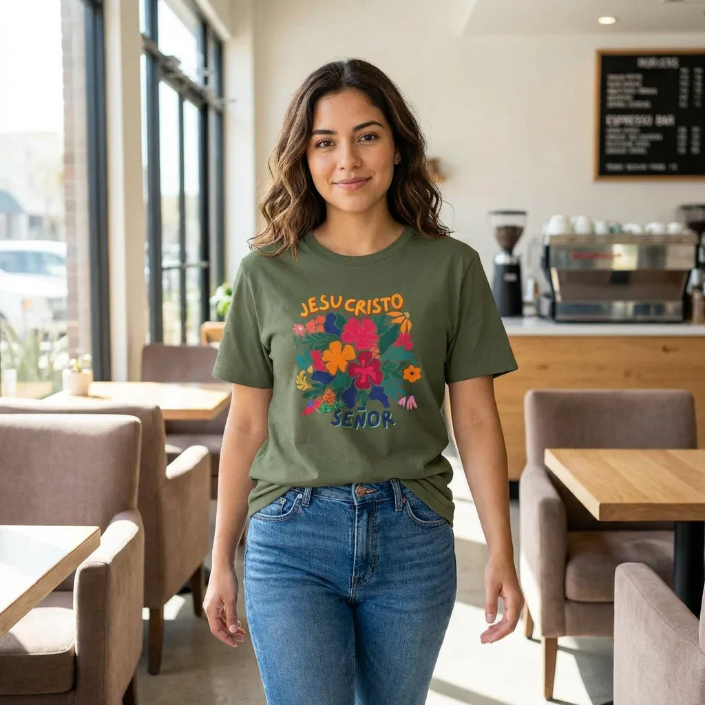 Woman wearing olive green Christian t-shirt with floral 'Jesucristo es Señor' design in café.