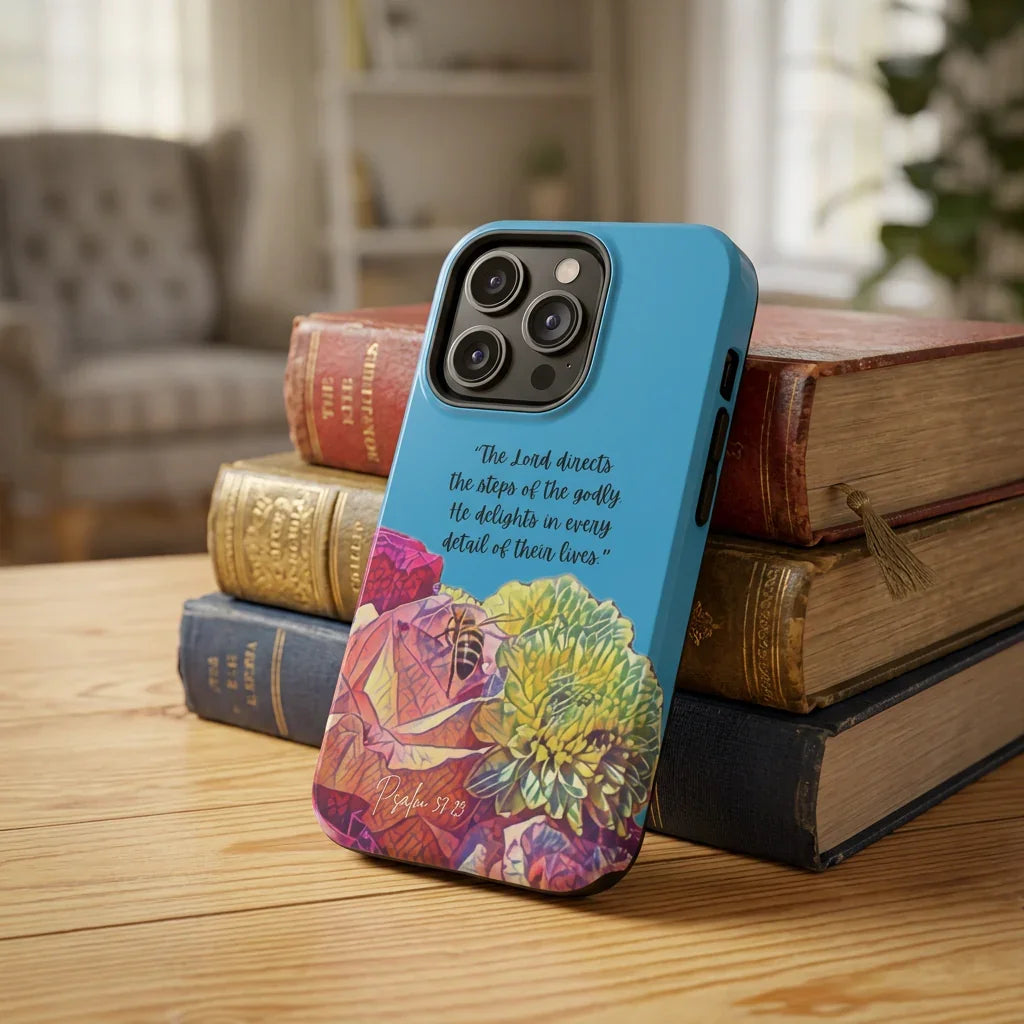 Christian floral phone case with Psalm 37:23 verse on a wooden table, vintage books in background