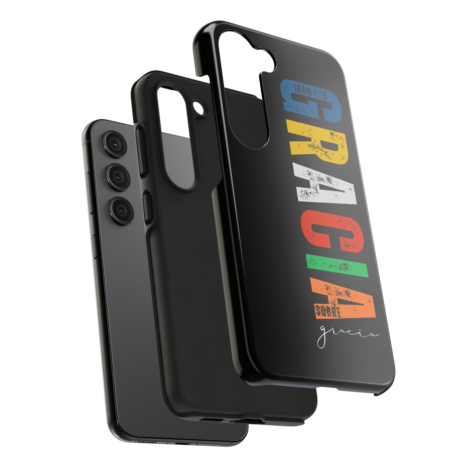Black Christian phone case with colorful 'GRACIA' scripture design, modern faith accessory