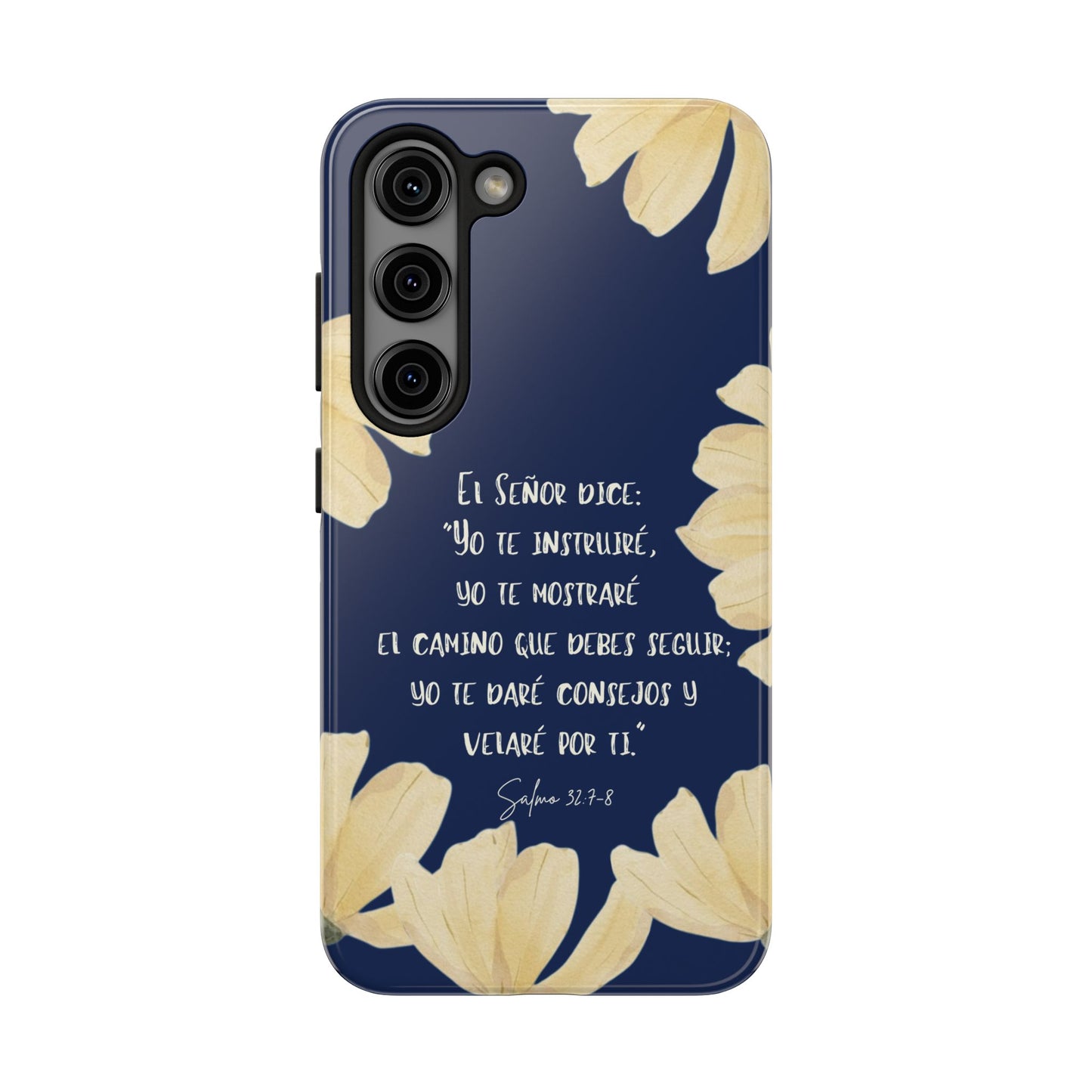 Christian phone case with Bible verse design, yellow flowers on navy background, inspirational gift