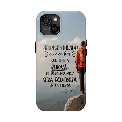 Christian phone case with Psalm 112:1-2 in Spanish, hiker on mountain, faith gift