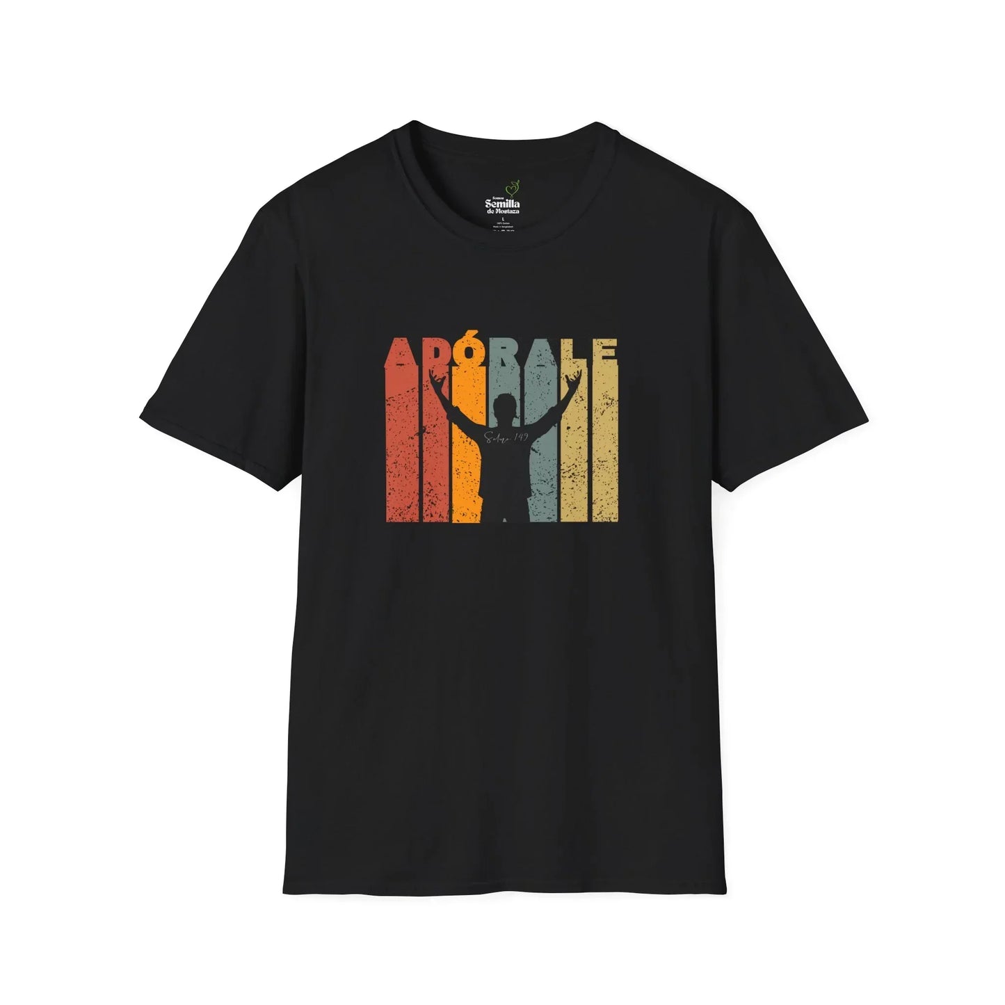Black Christian t-shirt with 'Adórale' text, colorful stripes, silhouette praising, faith apparel