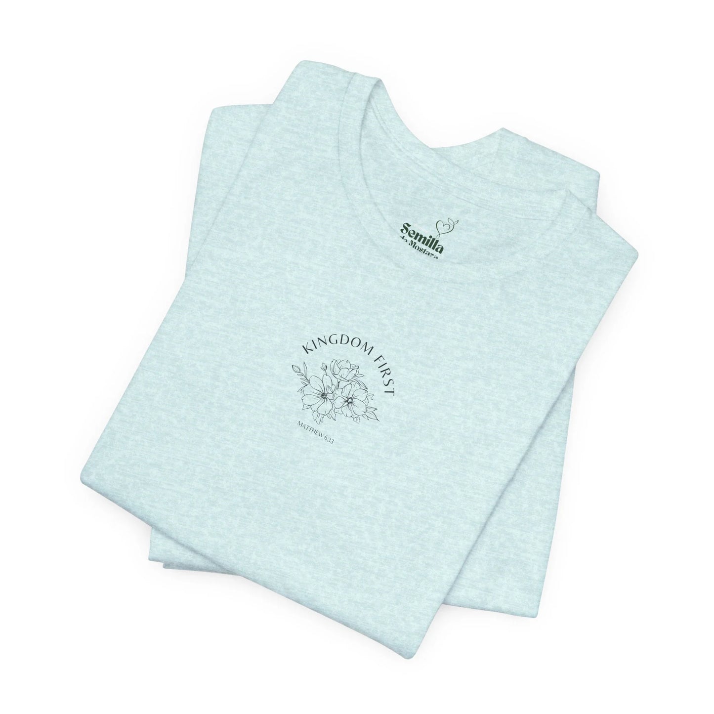 Light blue Christian t-shirt with 'Kingdom First' and floral graphic, Matthew 6:33 verse