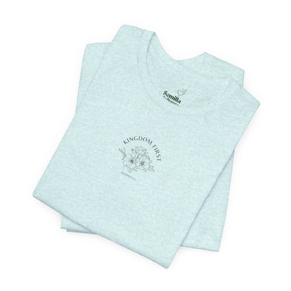 Light blue Christian t-shirt with 'Kingdom First' and floral graphic, Matthew 6:33 verse
