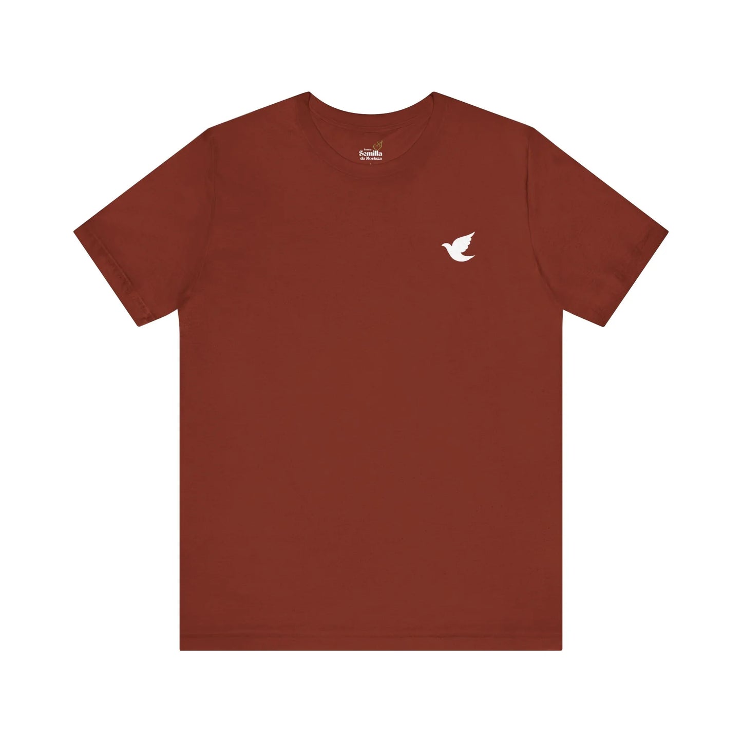 Rust brown Christian t-shirt with small white dove graphic on chest