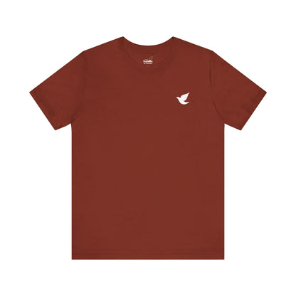 Rust brown Christian t-shirt with small white dove graphic on chest