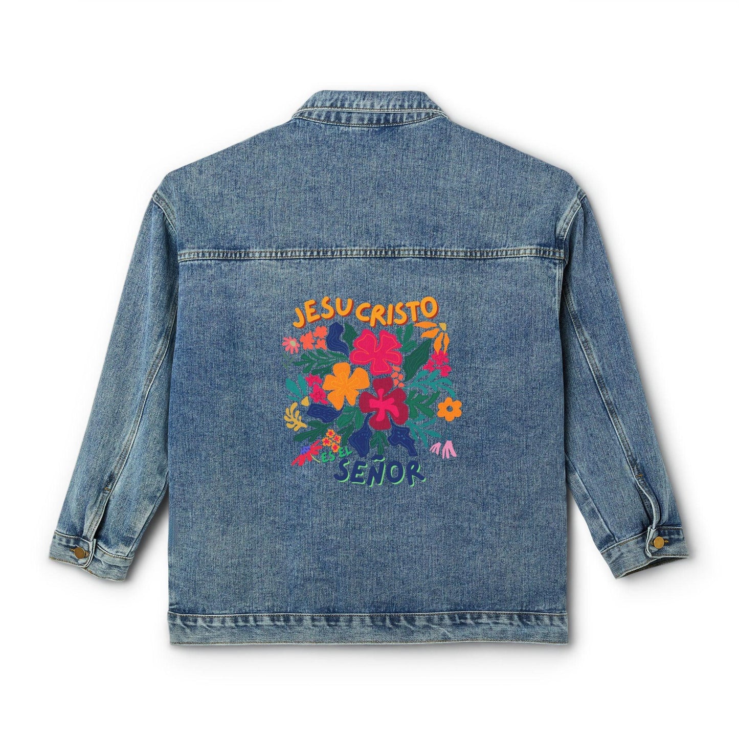 Denim jacket with colorful floral design and 'Jesucristo Señor' text on back, Christian apparel