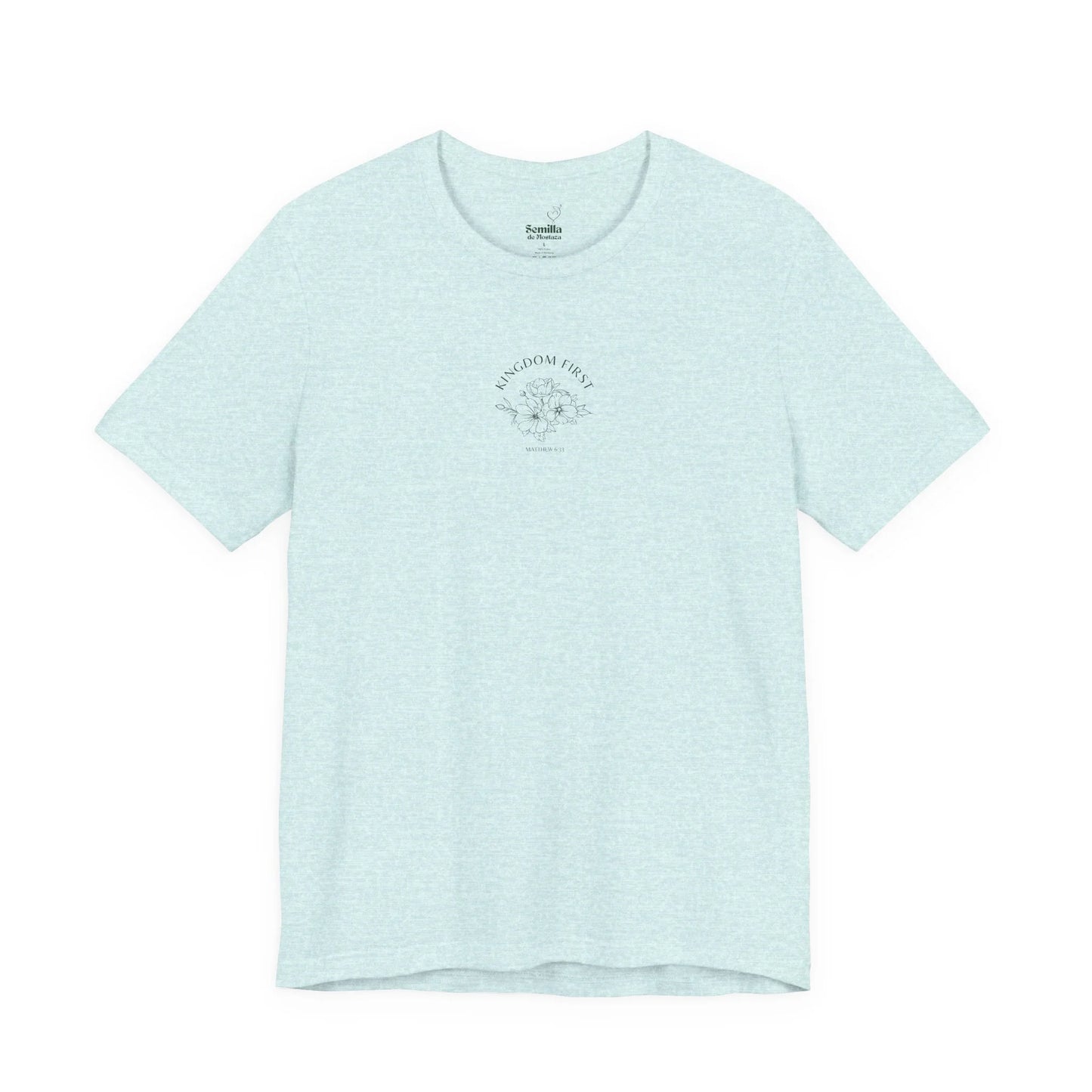 Light blue Christian t-shirt with 'Kingdom First' and floral design, Bible verse graphic