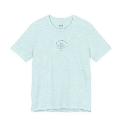 Light blue Christian t-shirt with 'Kingdom First' and floral design, Bible verse graphic