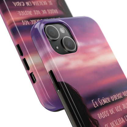 Christian phone case with Spanish Bible verse and sunset design