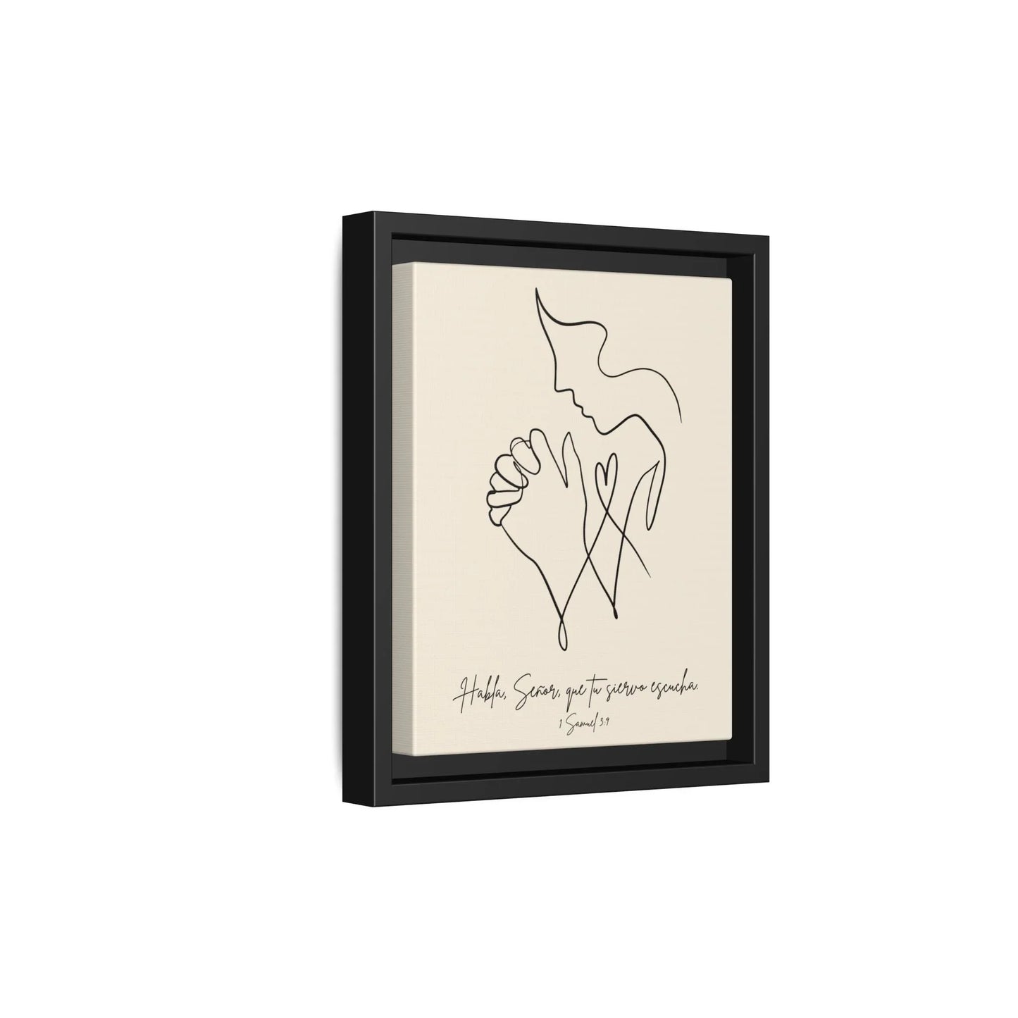 Modern Christian wall art of praying figure in black frame with Spanish Scripture calligraphy