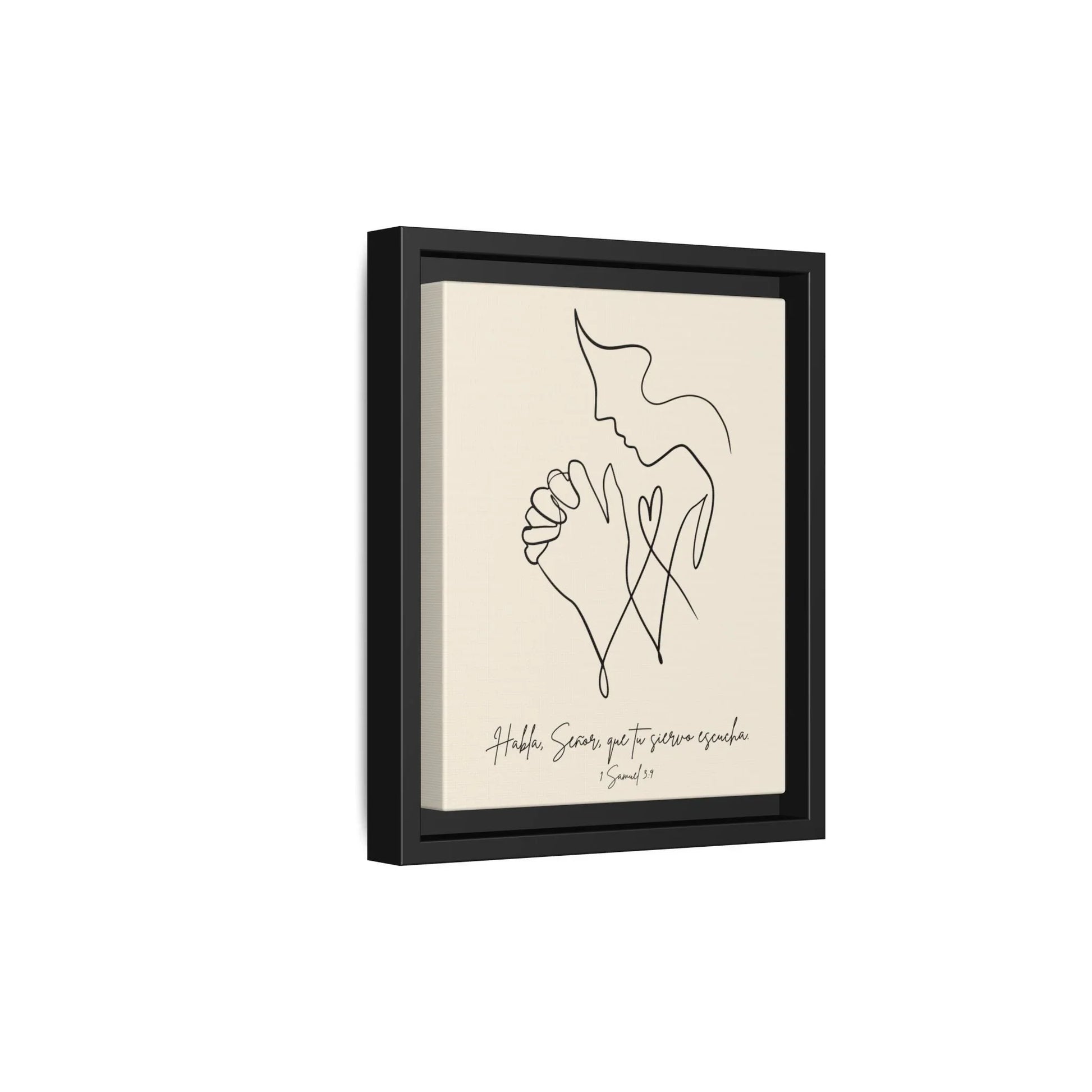 Modern Christian wall art of praying figure in black frame with Spanish Scripture calligraphy