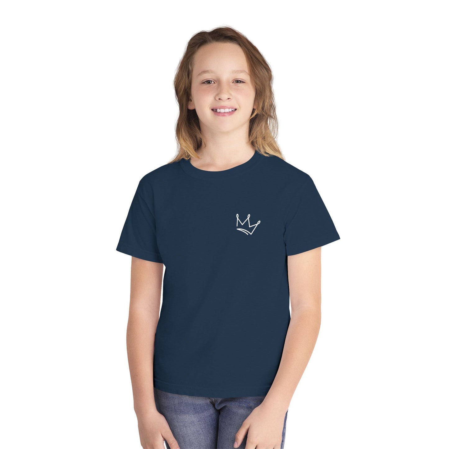 Child wearing navy blue Christian t-shirt with white crown graphic, faith apparel