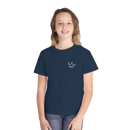 Child wearing navy blue Christian t-shirt with white crown graphic, faith apparel