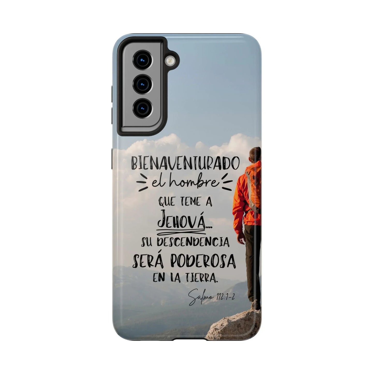 Christian phone case with hiker, Spanish Bible verse, mountain background