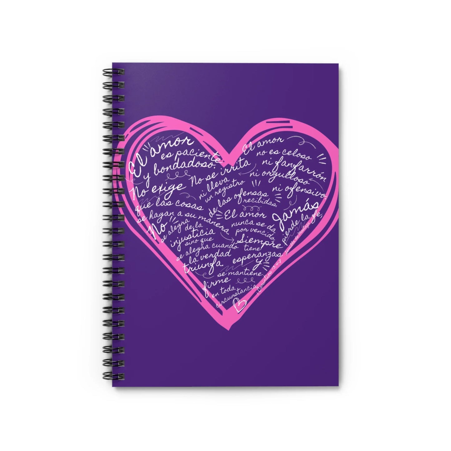 Purple spiral notebook with pink heart and Spanish Christian inspirational text on cover