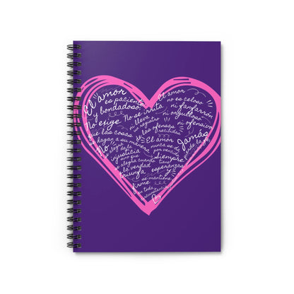 Purple spiral notebook with pink heart and Spanish Christian inspirational text on cover