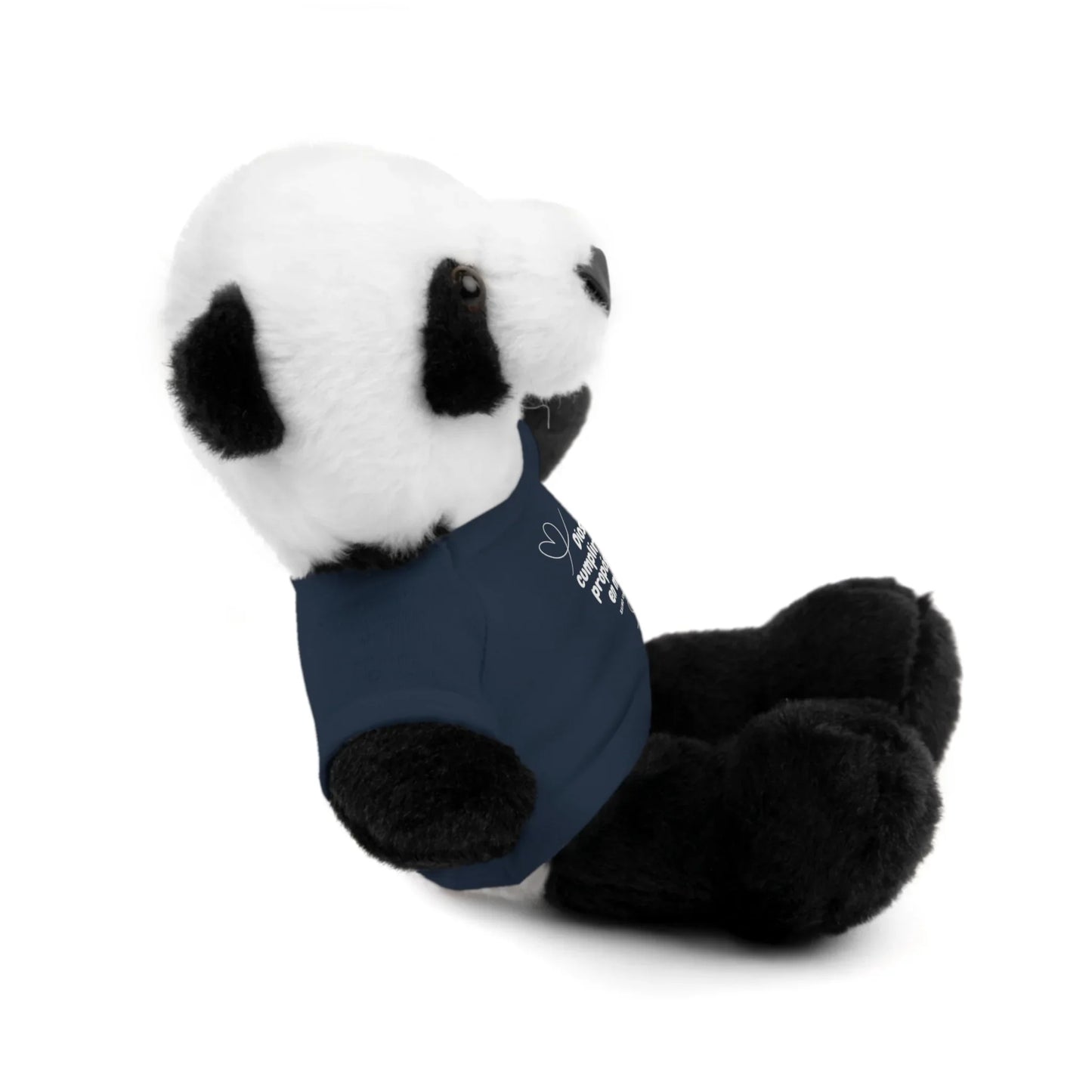 Plush panda bear wearing a navy blue Christian message shirt, side view on white background