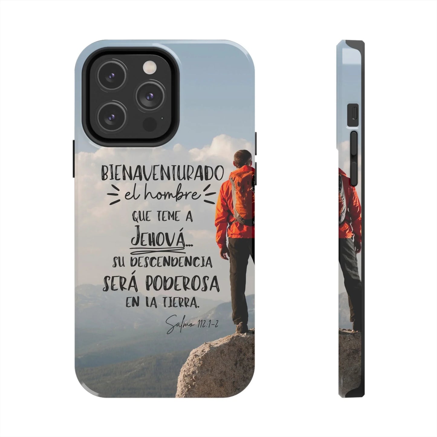Christian phone case with mountain hiker and Psalm 112:1-2 in Spanish, faith-inspired design