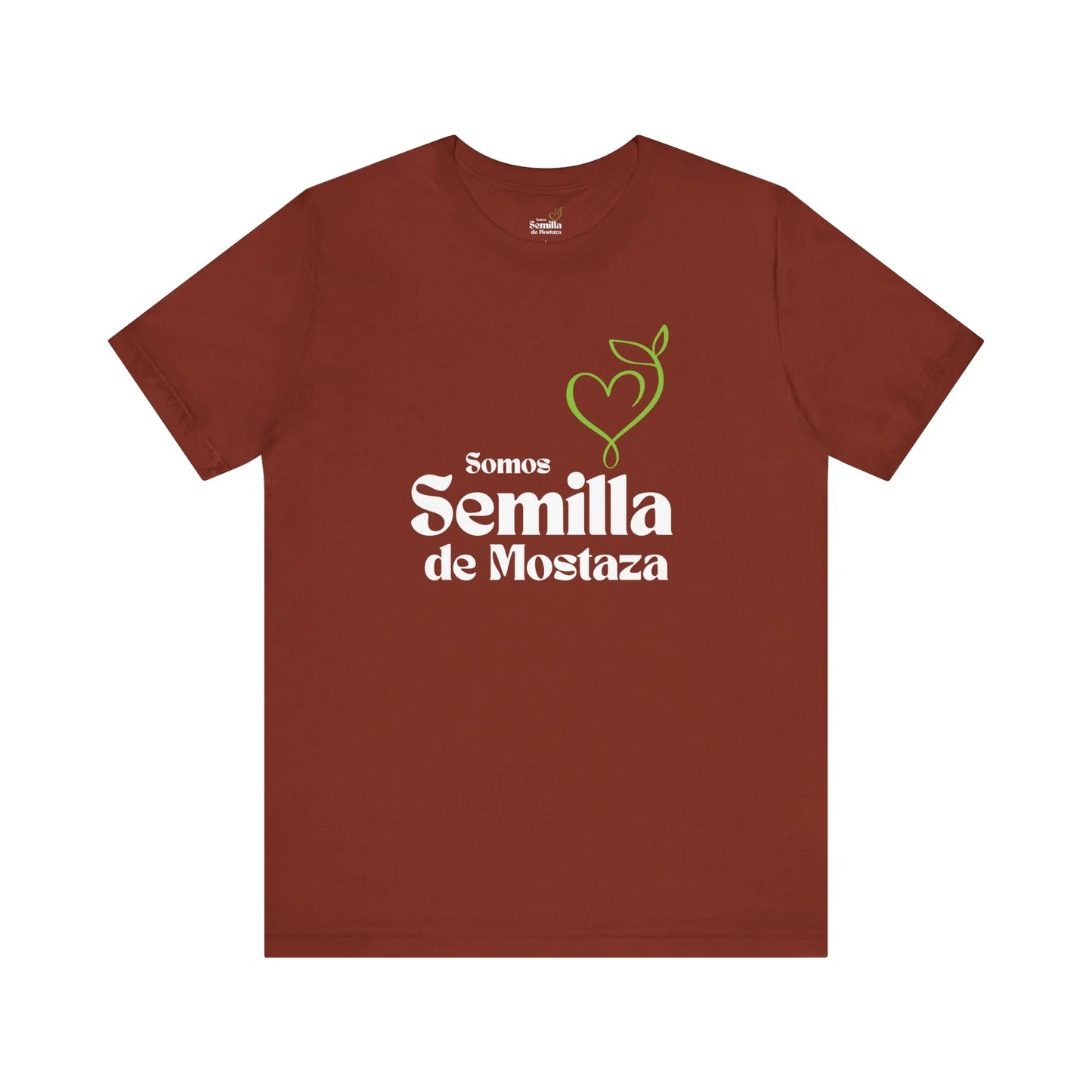Rust brown Christian t-shirt with 'Somos Semilla de Mostaza' and green heart sprout graphic.