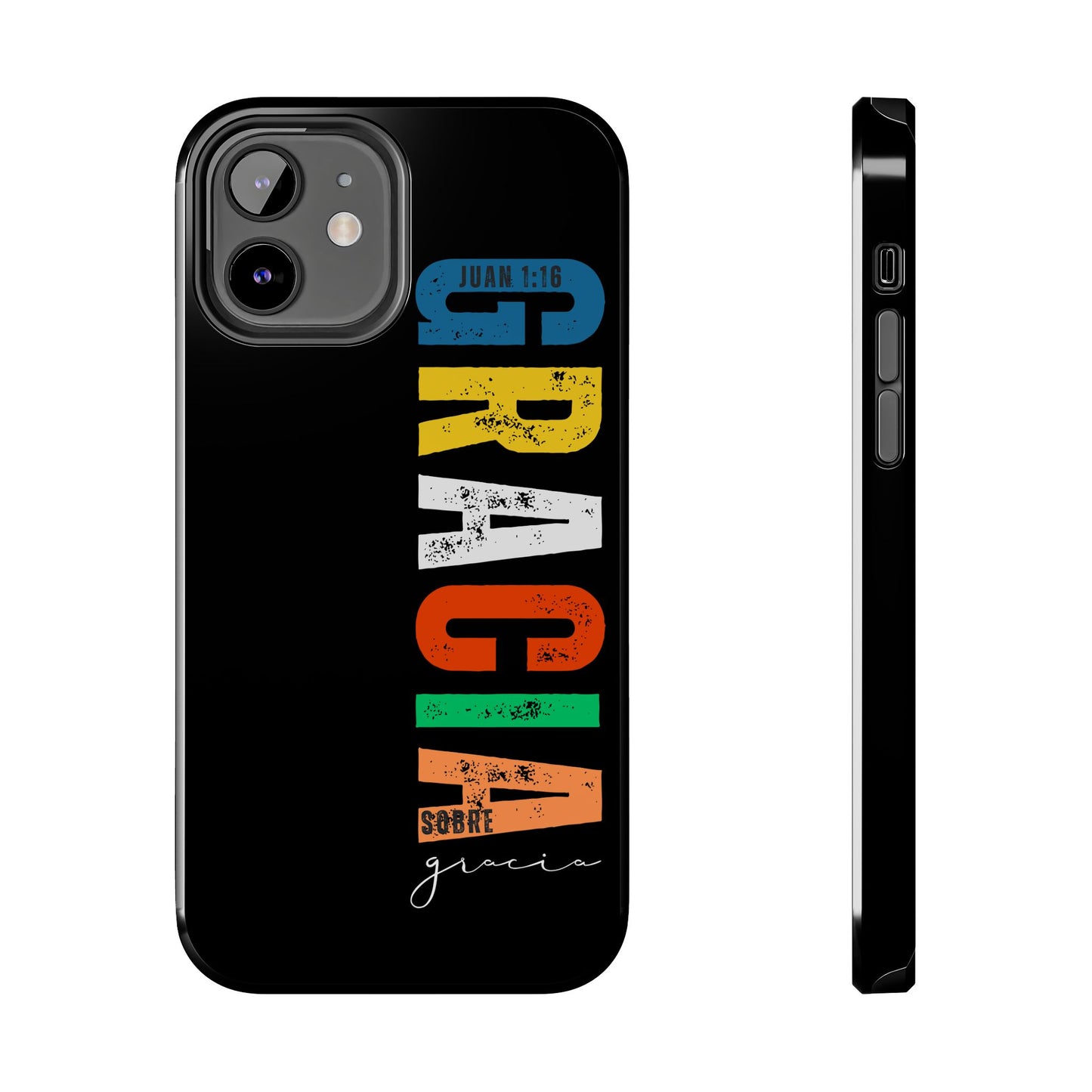 Black phone case with colorful Spanish text 'Gracia sobre gracia' and Juan 1:16 Bible verse.