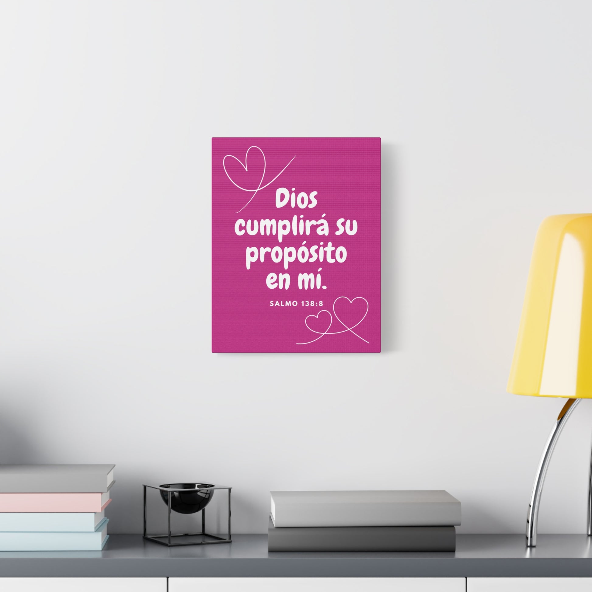 Christian wall art with Psalm 138:8 in Spanish, pink background, heart accents, modern decor