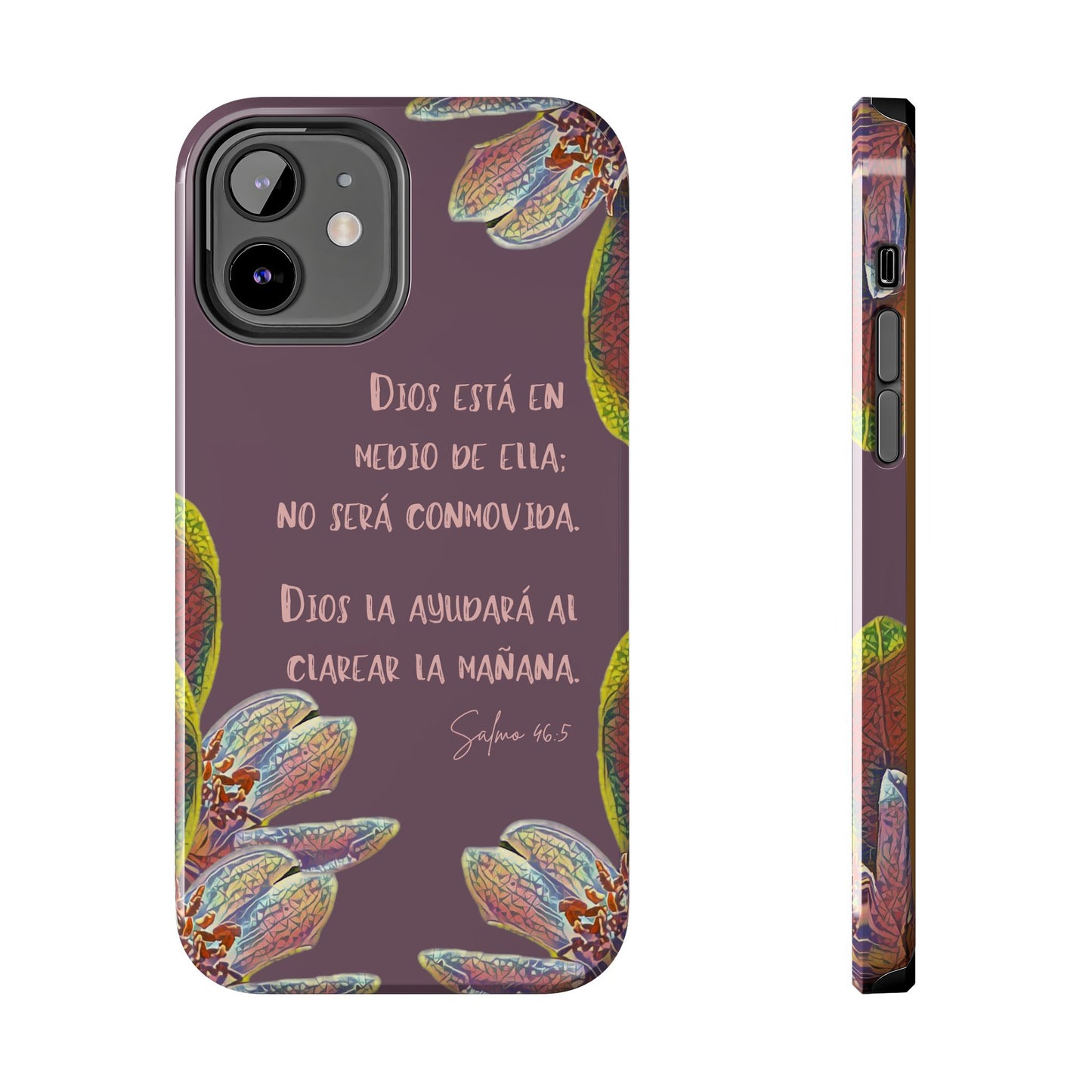 Christian phone case with Psalm 46:5 in Spanish and colorful floral design