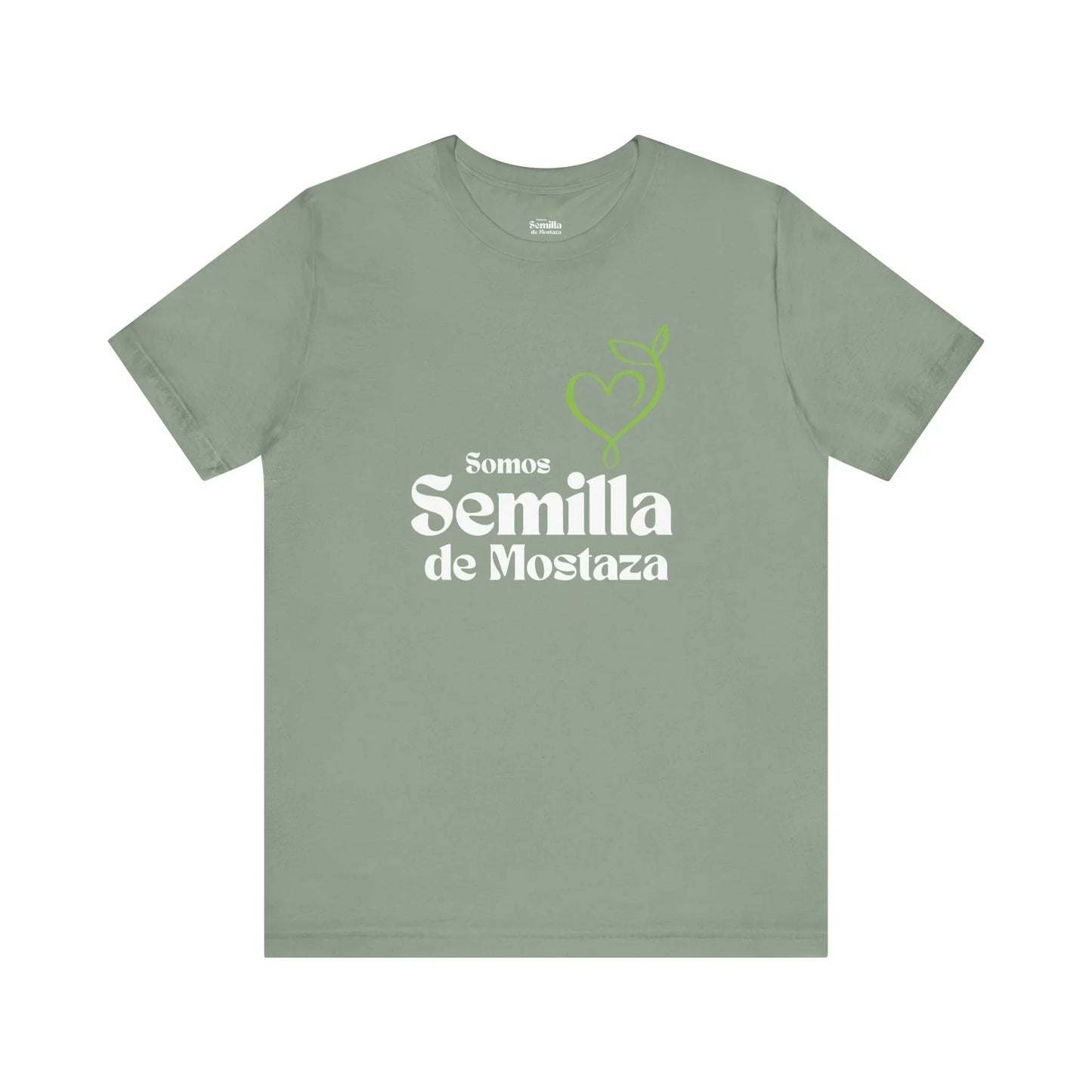Sage green Christian t-shirt with 'Somos Semilla de Mostaza' and a heart sprout graphic.