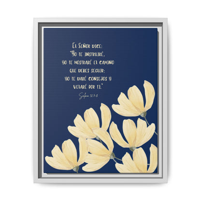 Christian wall art with Spanish Bible verse, yellow flowers, and navy blue background