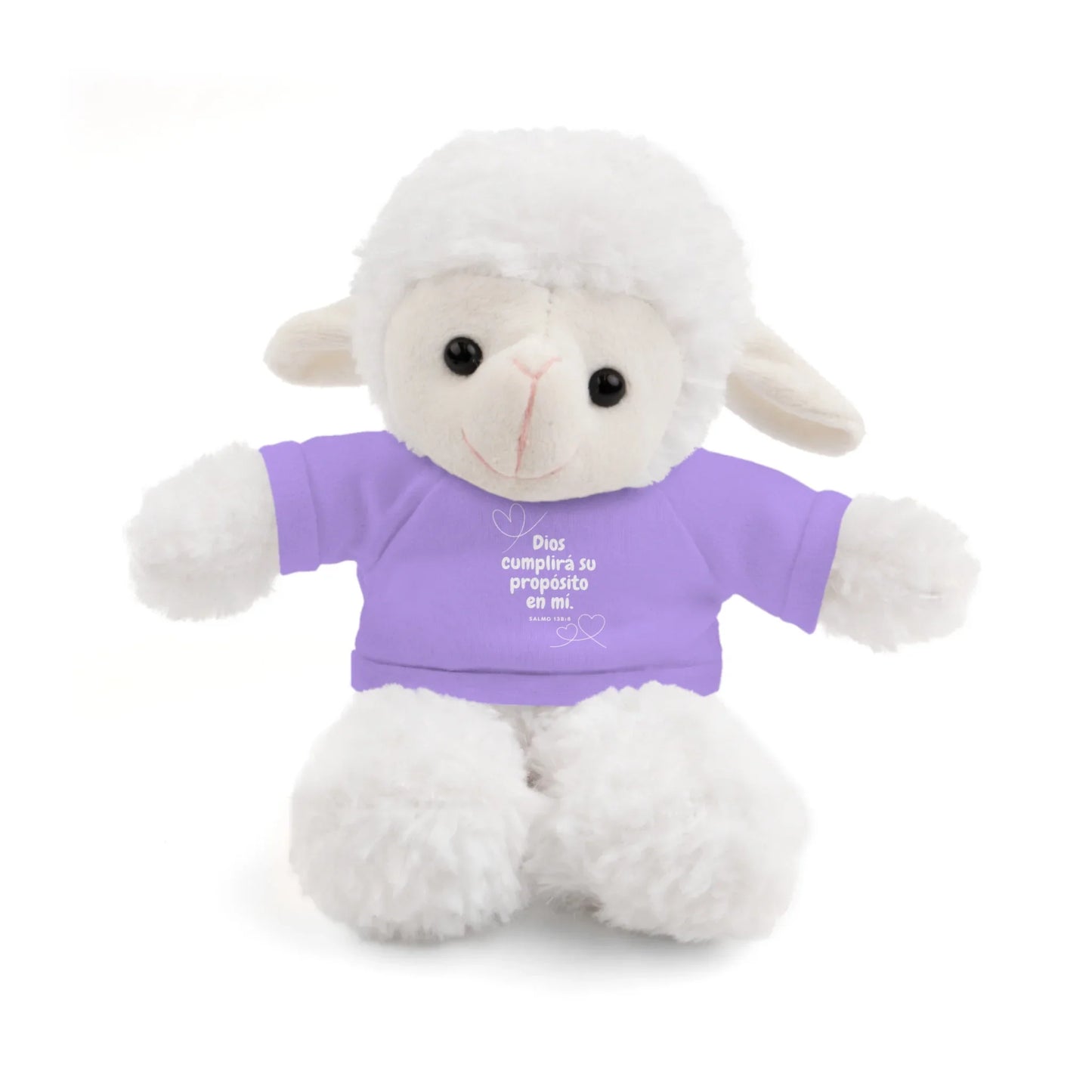 Plush lamb wearing lavender shirt with Christian Spanish Bible verse and heart design.