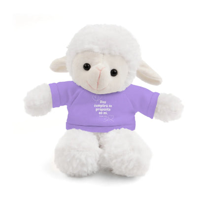 Plush lamb wearing lavender shirt with Christian Spanish Bible verse and heart design.