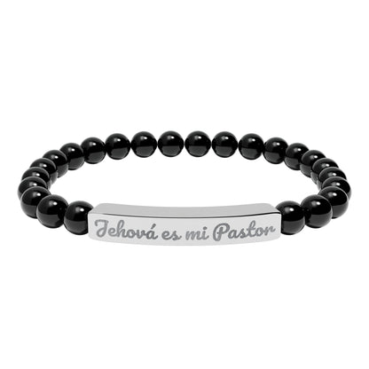 Black beaded bracelet with silver bar engraved 'Jehová es mi Pastor', Christian jewelry