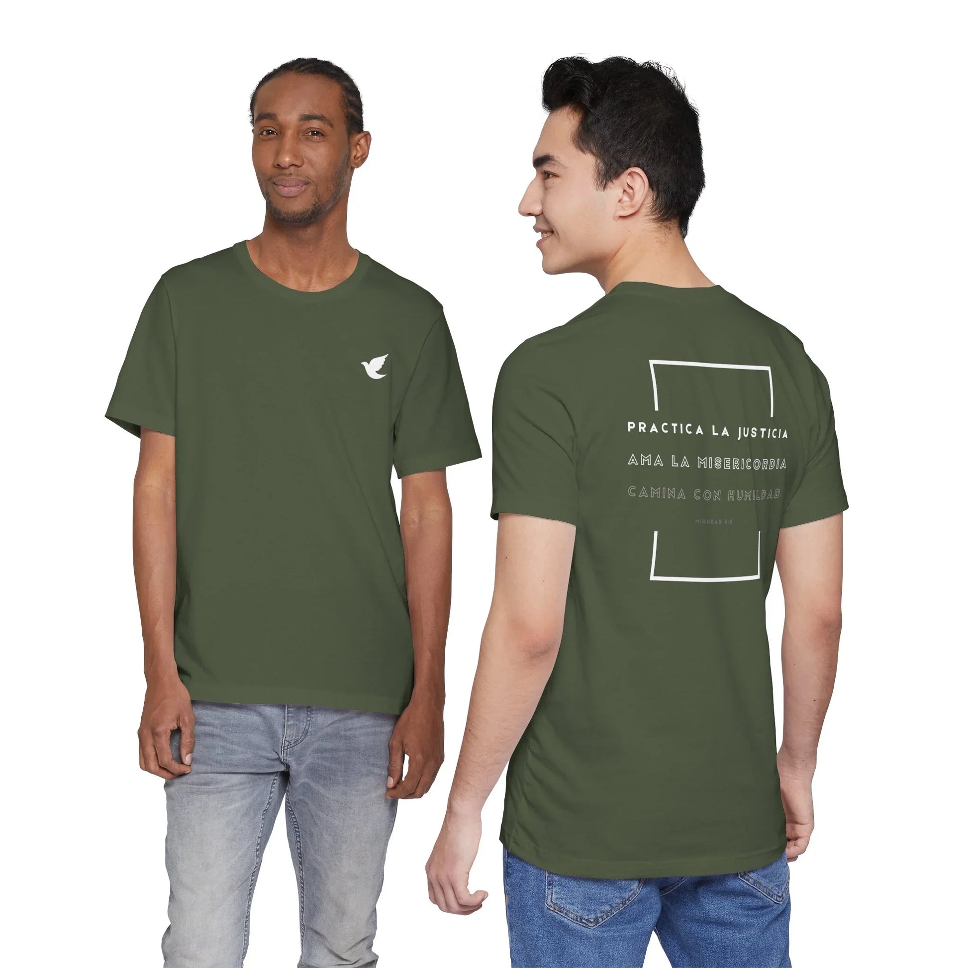 Two men modeling olive green Christian t-shirts with Spanish Scripture text and dove graphic.