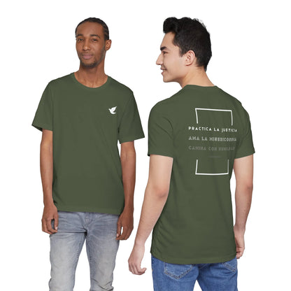 Two men modeling olive green Christian t-shirts with Spanish Scripture text and dove graphic.