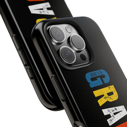 Black phone case with bold GRACIA lettering and Juan 1:16 Bible verse design