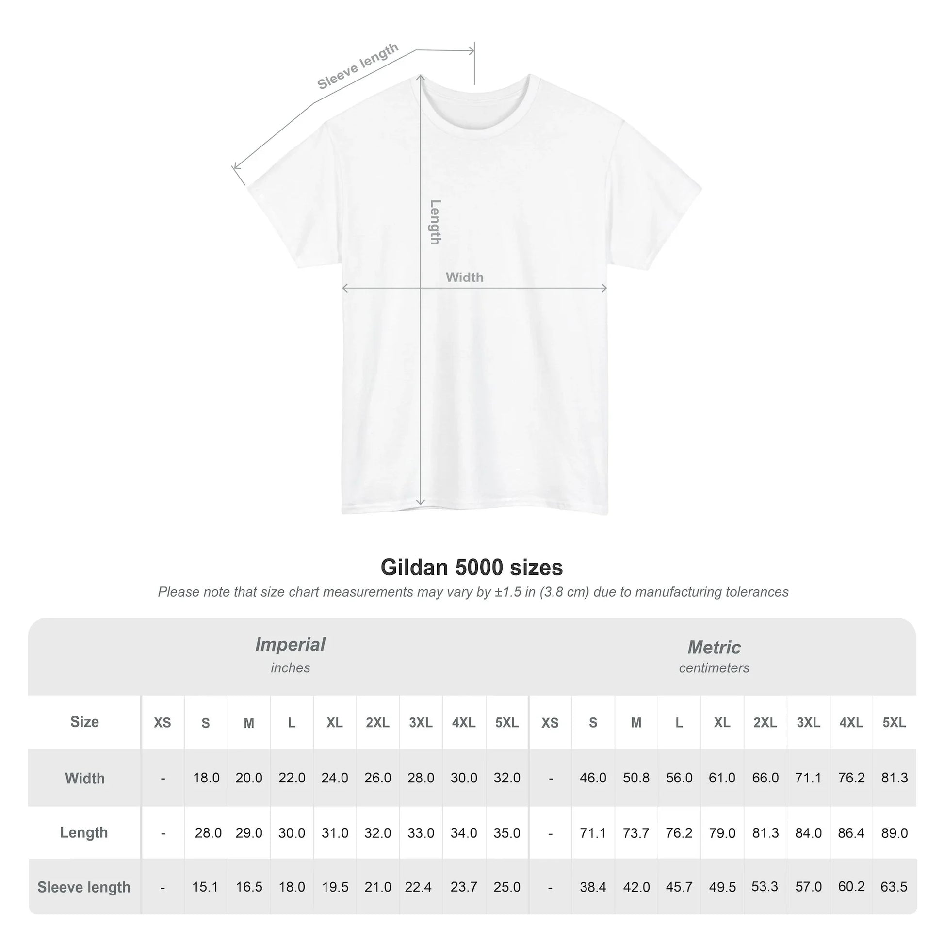 Gildan 5000 t-shirt size chart with measurements in inches and centimeters for width, length, and sleeve length.
