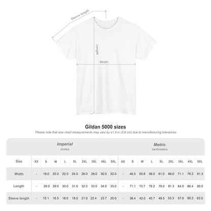 Gildan 5000 t-shirt size chart with measurements in inches and centimeters for width, length, and sleeve length.