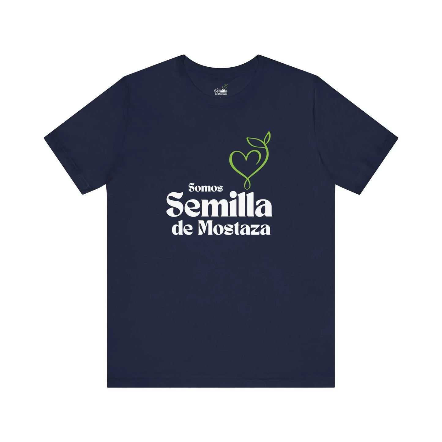 Navy blue Christian t-shirt with 'Somos Semilla de Mostaza' and green heart sprout graphic