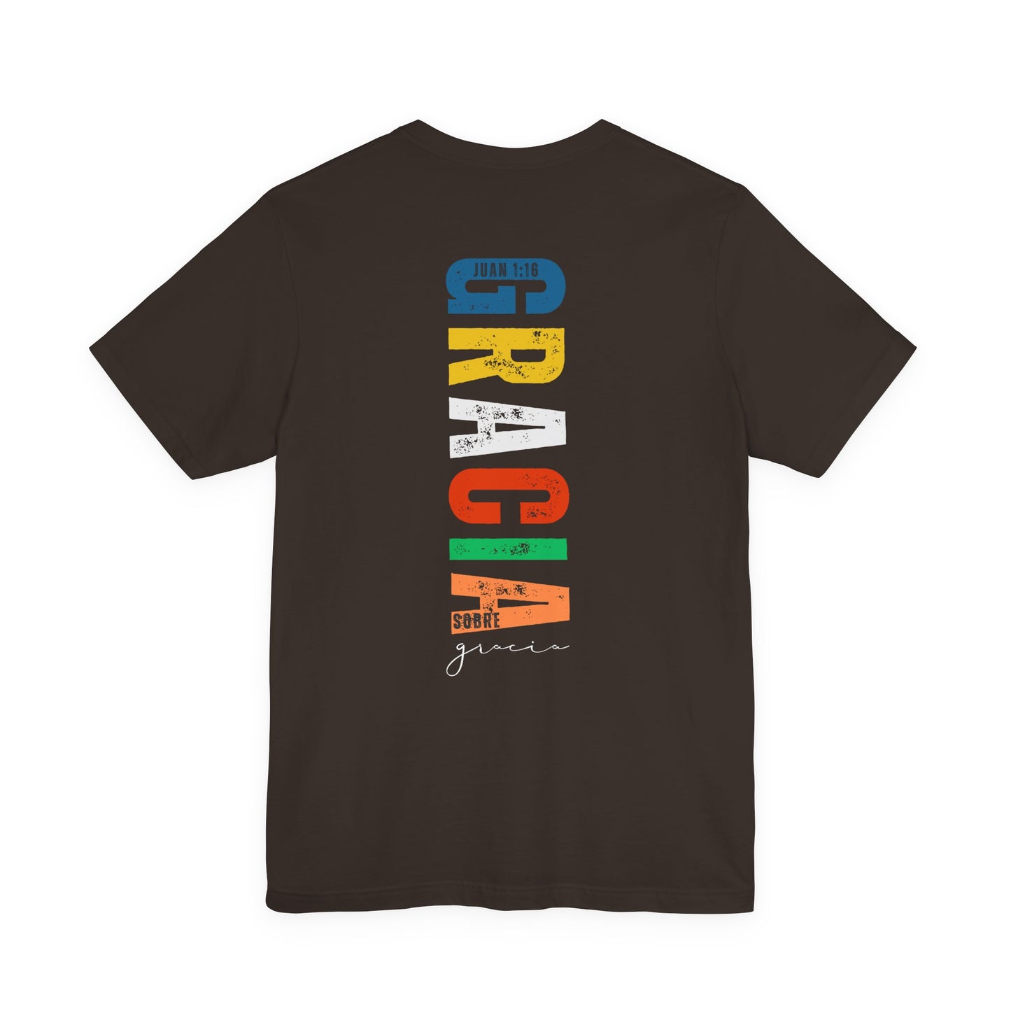 Black Christian t-shirt with colorful vertical 'GRACIA SOBRE gracia' and John 1:16 verse.