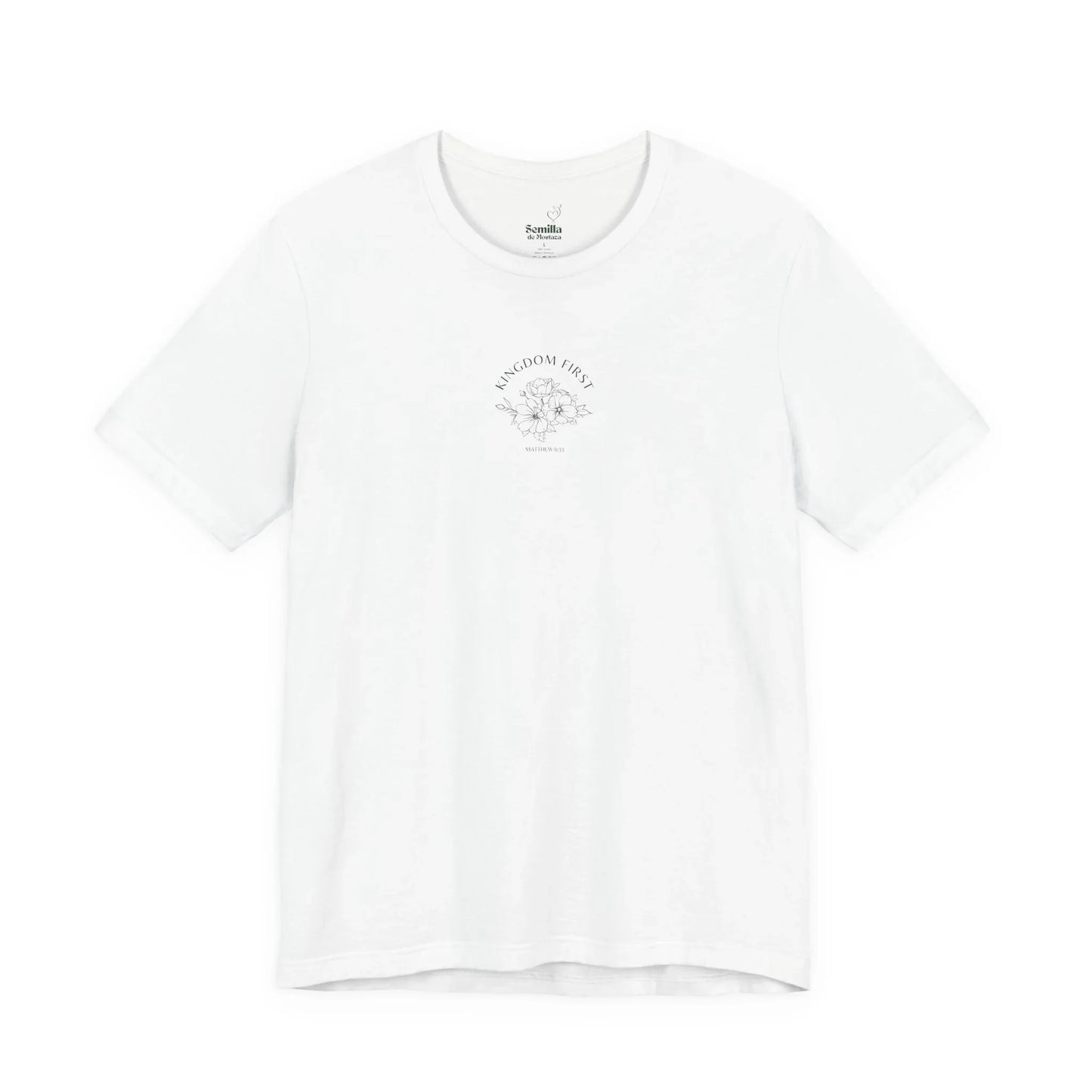 White Christian t-shirt with 'Kingdom First' text and floral design, modern faith apparel