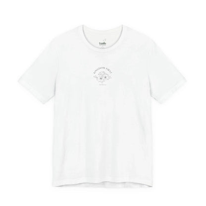 White Christian t-shirt with 'Kingdom First' text and floral design, modern faith apparel