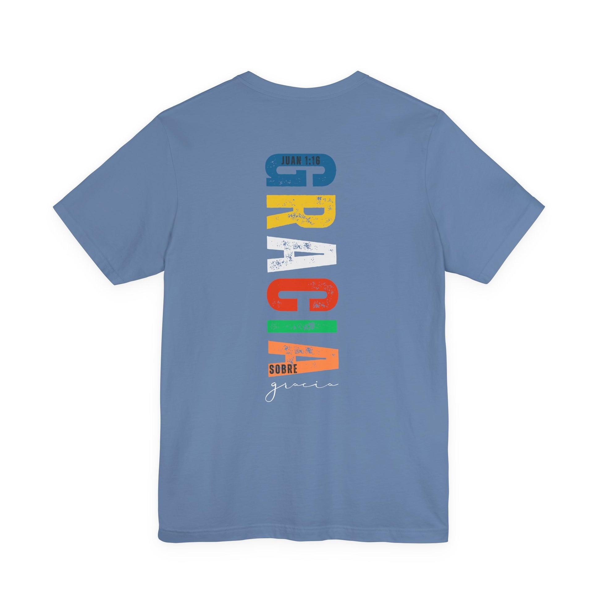 Blue Christian t-shirt with colorful Spanish Scripture design, reading 'Gracia sobre gracia'