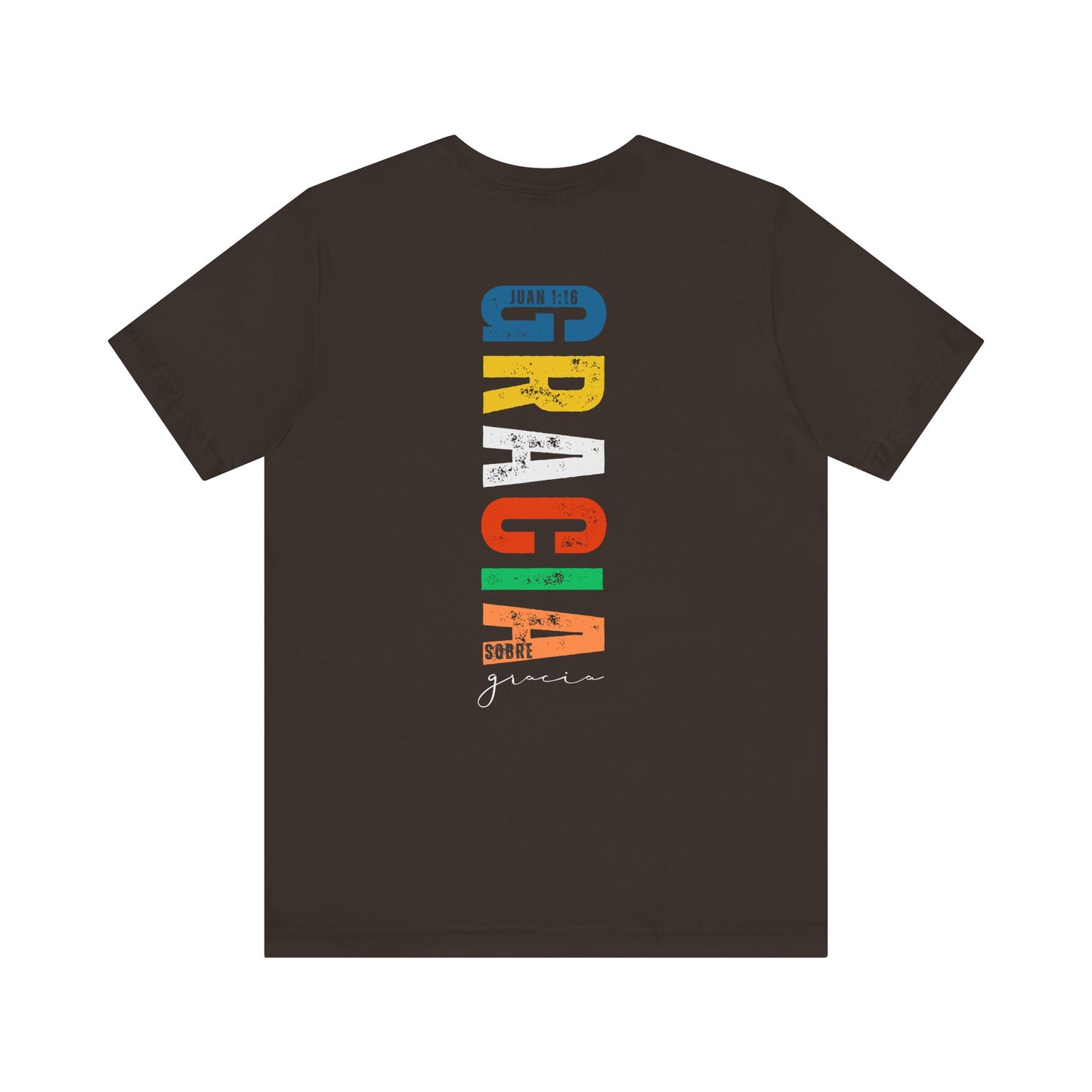 Black Christian t-shirt with colorful 'GRACIA SOBRE gracia' design and scripture Juan 1:16