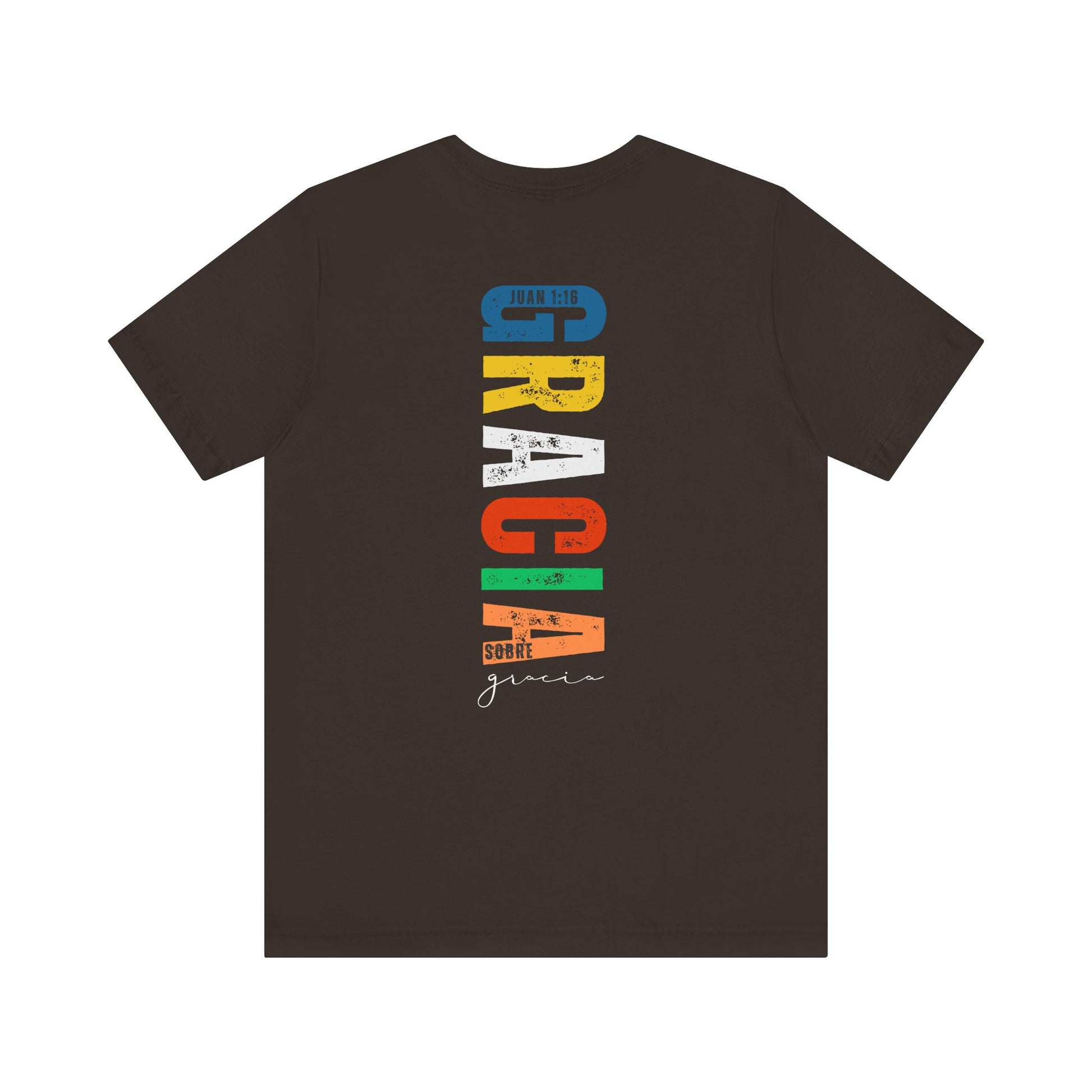 Black Christian t-shirt with colorful 'GRACIA SOBRE gracia' design and scripture Juan 1:16
