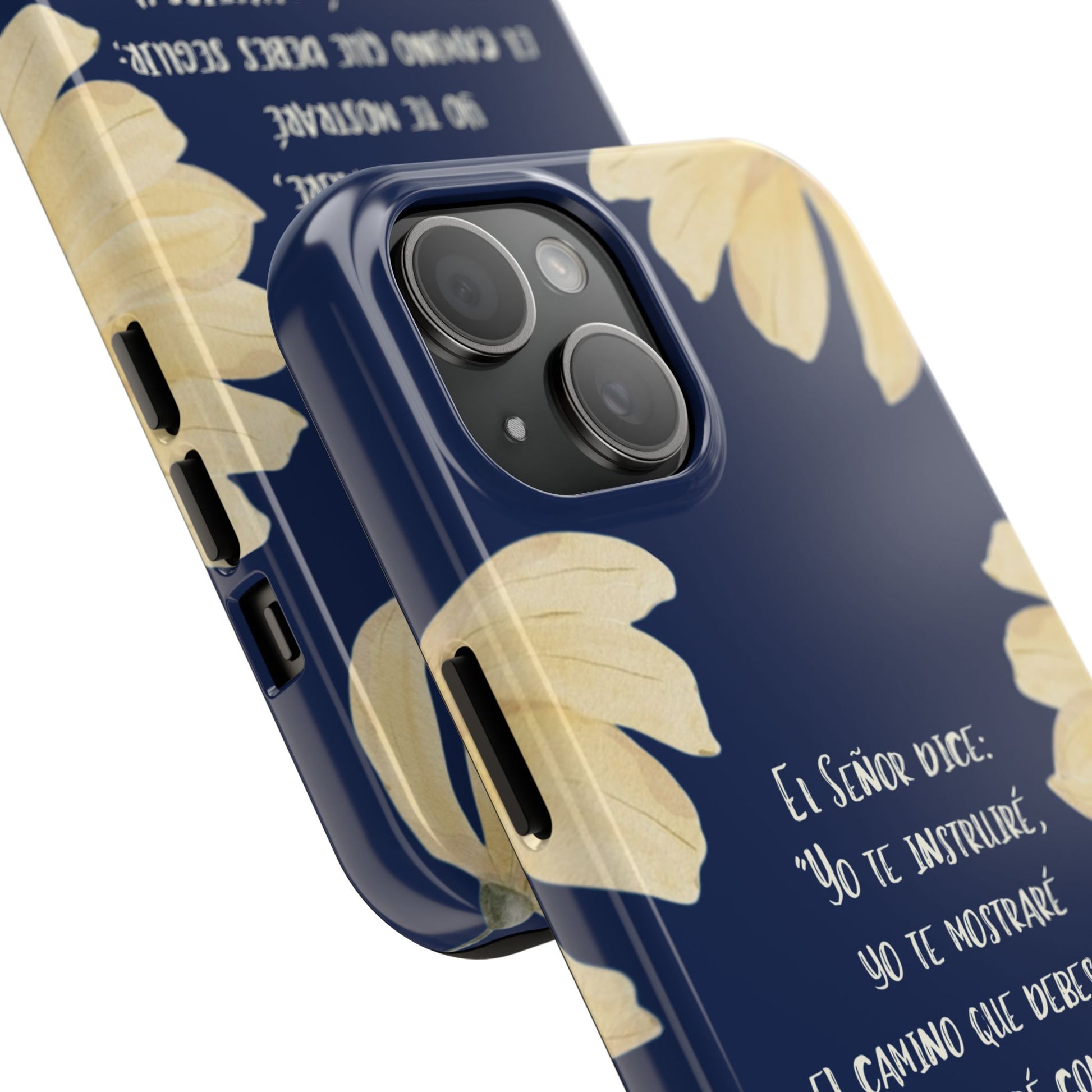 Navy blue floral phone case with Christian Spanish Scripture text and beige leaves design