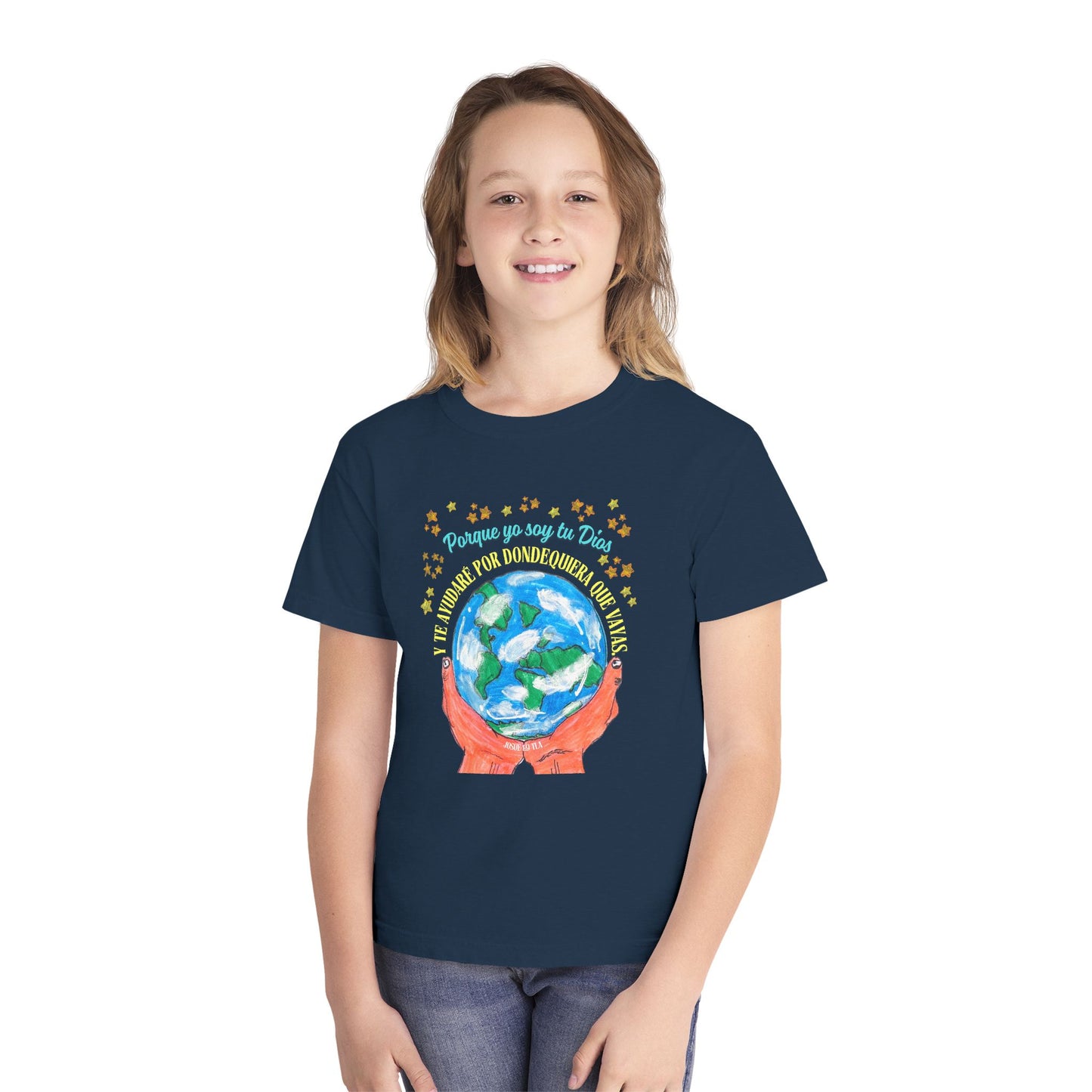 Smiling girl in navy Christian t-shirt with globe and Spanish Bible verse graphic