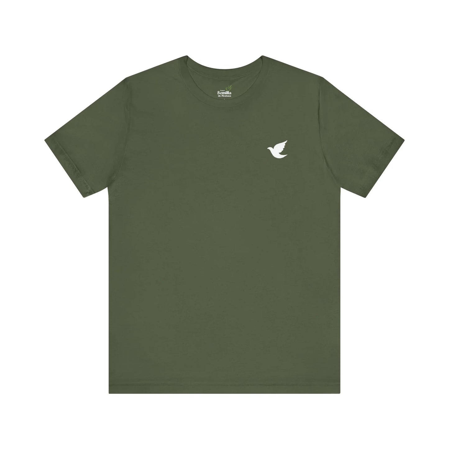Olive green Christian t-shirt with white dove graphic on chest