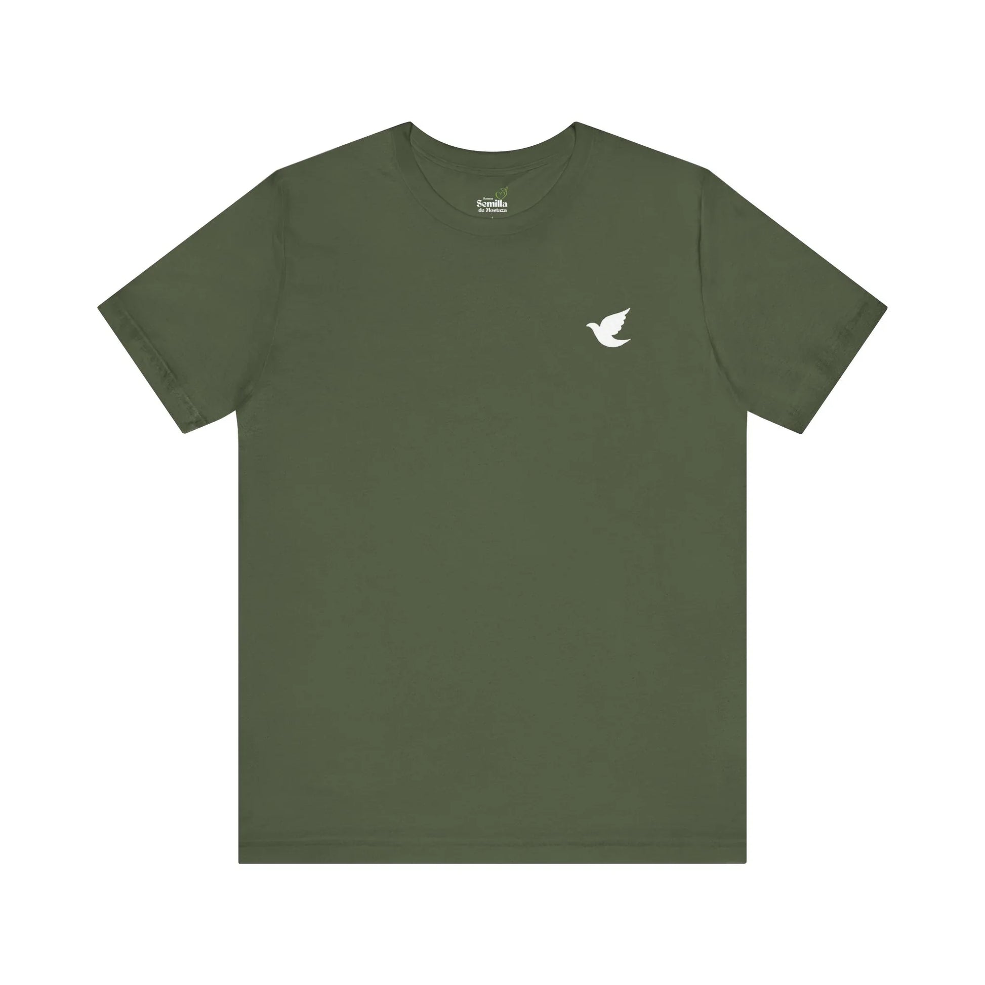 Olive green Christian t-shirt with white dove graphic on chest