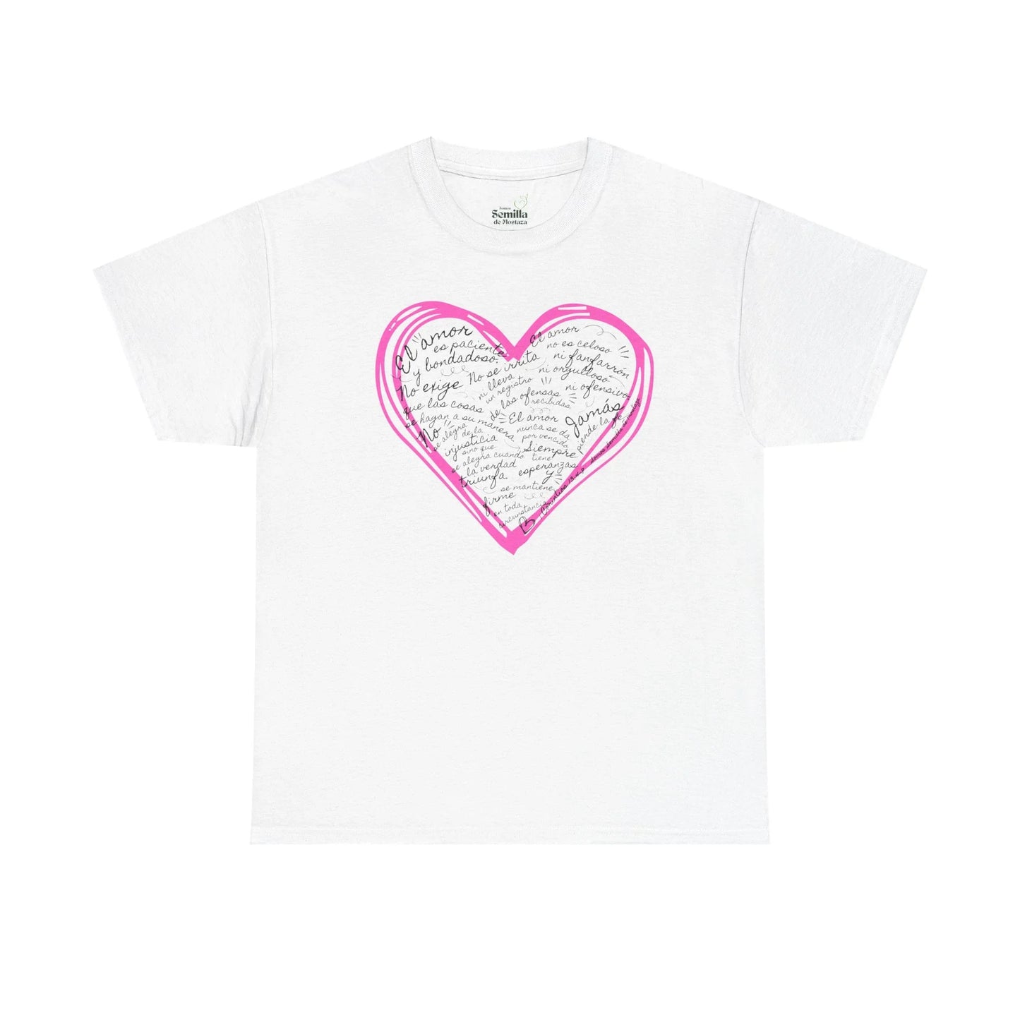White Christian t-shirt with pink heart and handwritten Spanish scripture design